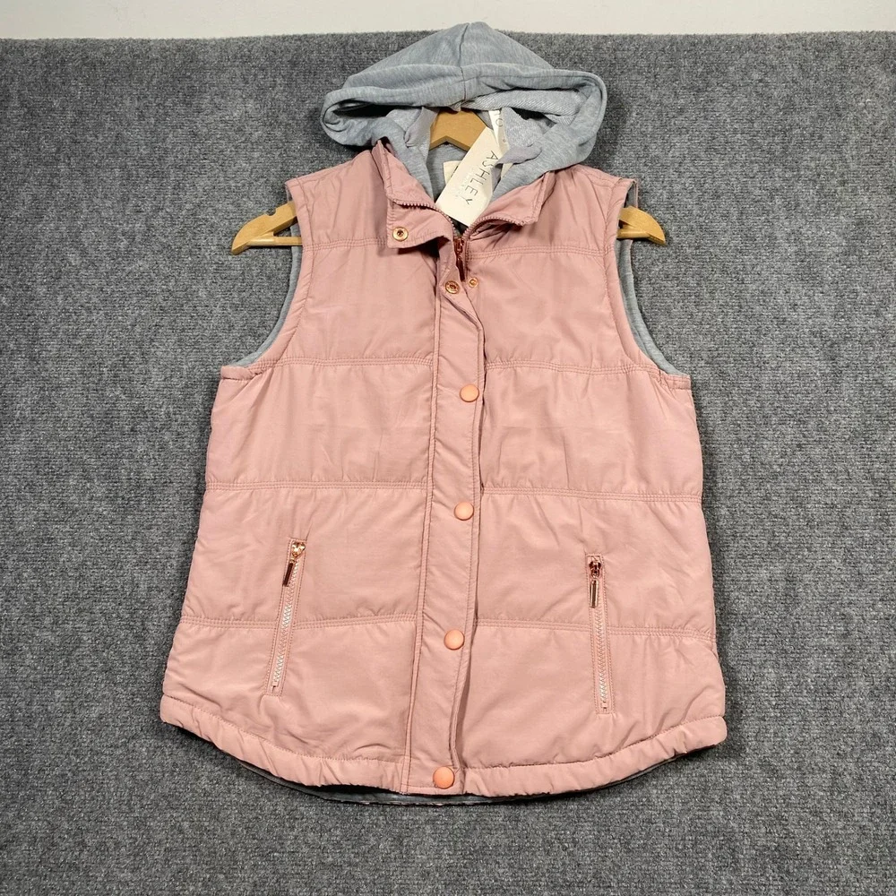 Ashley by 26 International Mauve Puffer Vest Hooded Quilted Zip Womens Small